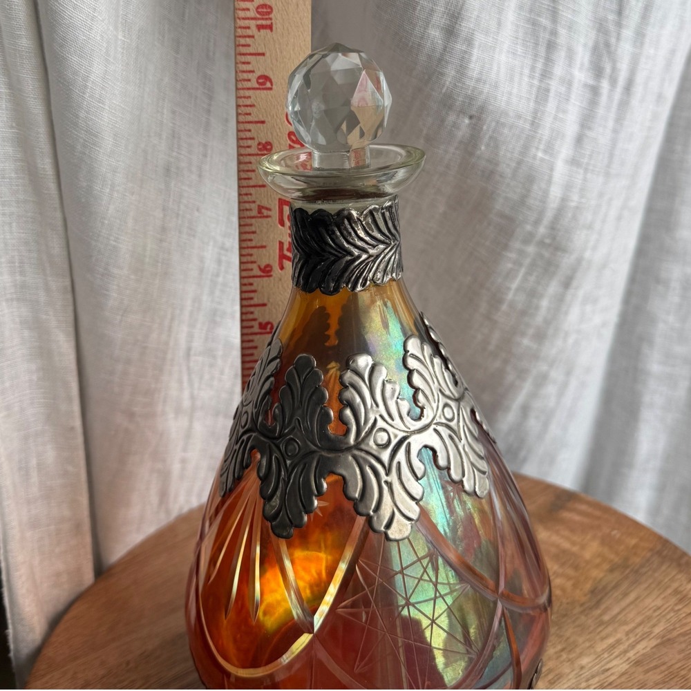 Vintage German Amber Iridescent Decanter Ornate Silver Metal Overlay 9.5" - Picture 8 of 9
